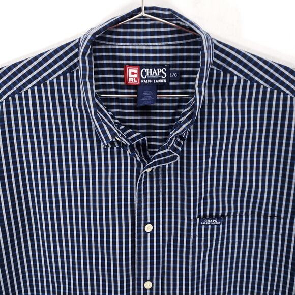 Vintage Chaps Ralph Lauren Shirt Mens Size L Blue Check Short Sleeve Button Down - Picture 2 of 6